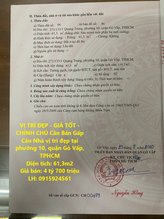 VỊ TRÍ ĐẸP - GIÁ TỐT - CHÍNH CHỦ Cần Bán Gấp Căn Nhà vị trí đẹp tại phường 10, quận Gò Vấp, TPHCM - Ảnh chính